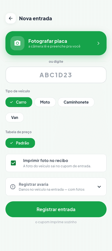 Nova entrada com placa preenchida e tabela de preço aplicada