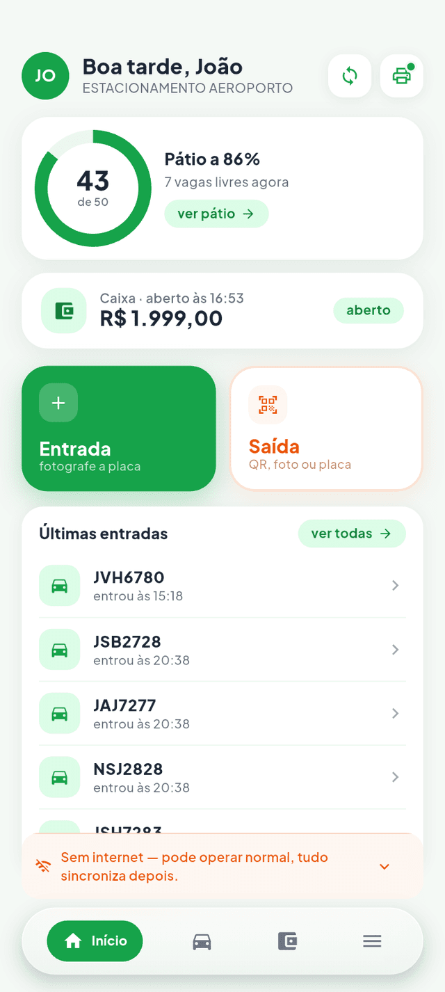 Tela inicial do operador com aviso de sem internet — opera normal e sincroniza depois